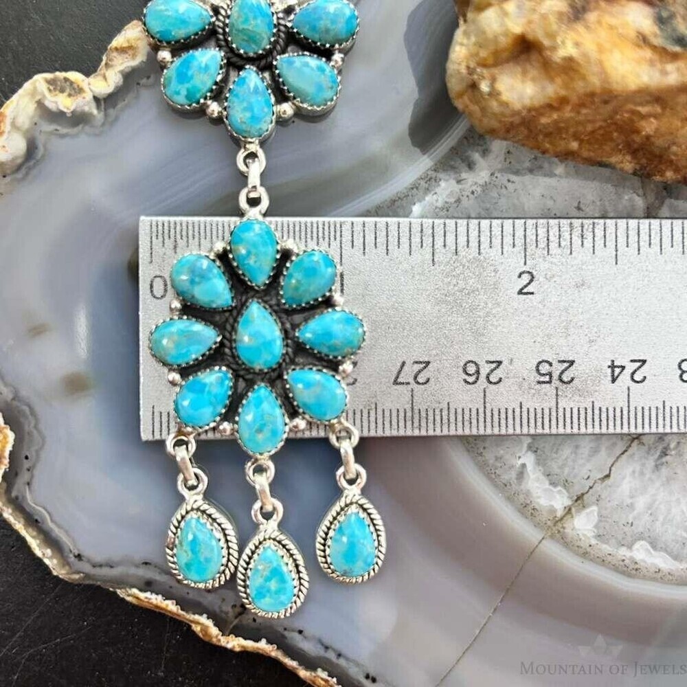 Sterling Southwestern Style 25 Teardrop Turquoise Cluster 17" Necklace For Women - Picture 9 of 10